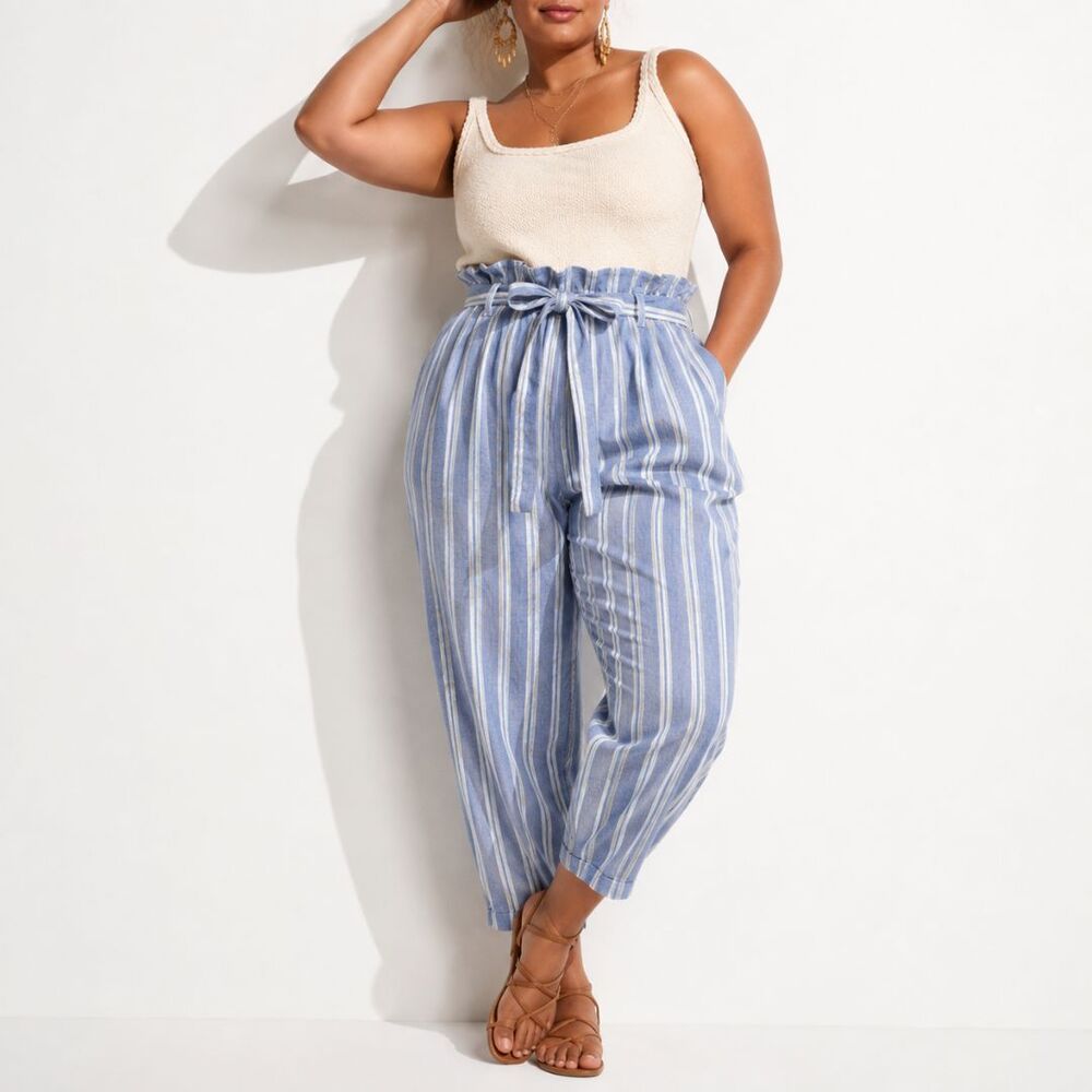 Linen Blend Paperbag Pants 3X Blue White Stripe Tie Waist Cropped Casual Coastal